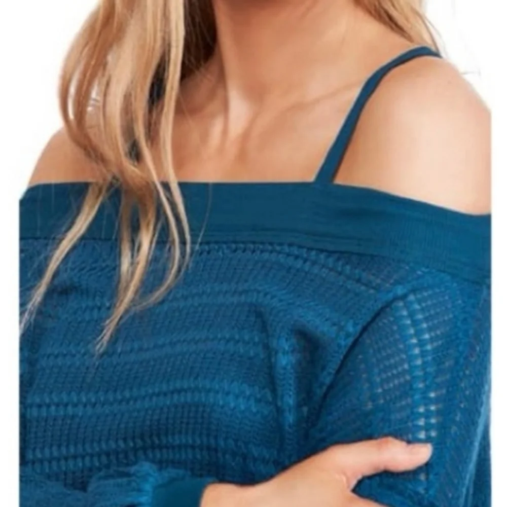 Free People Cold Shoulder Hacci Knit Top Teal Treasure